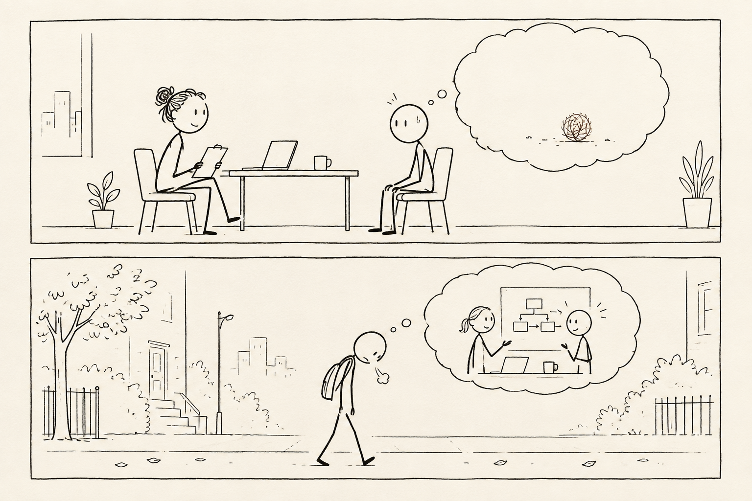 A candidate freezes at an interview, then remembers a useful example on the way home.