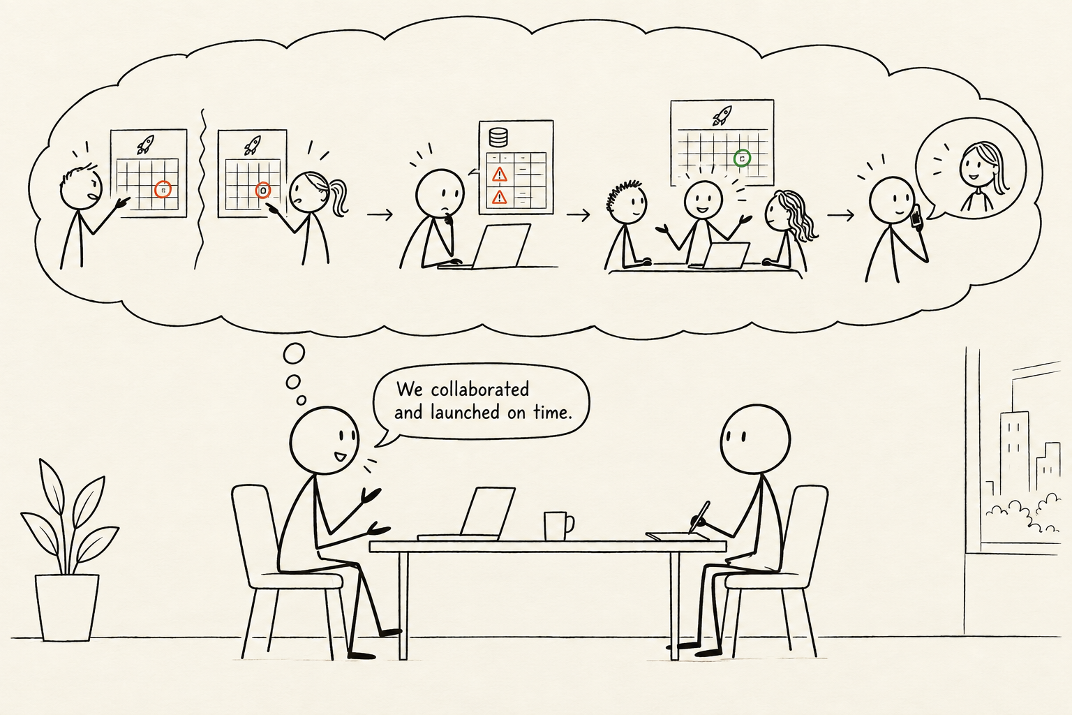 A candidate remembers the full project but tells the interviewer only, “We collaborated and launched on time.”