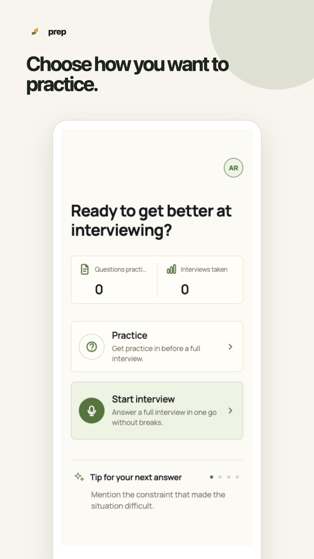 Prep home screen with practice and full interview options.